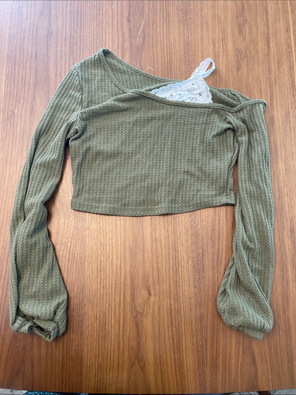 SHEIN Dark Olive Green Waffle-Knit Long Sleeve Off the Shoulder Strap Crop Top